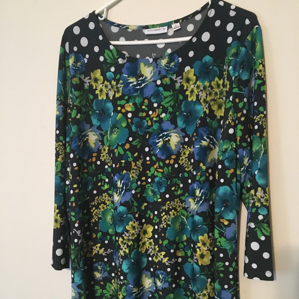 Susan Graver Green Polka Dot and Floral Top
